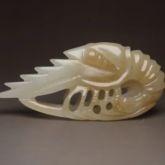 Chinese Hetian Jade Pendant w Shrimp